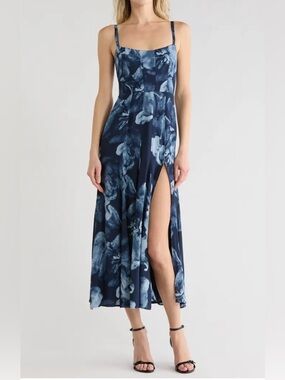 Reformation Eridania Midnight Rose (Navy) Floral Midi Dress with Side Slit